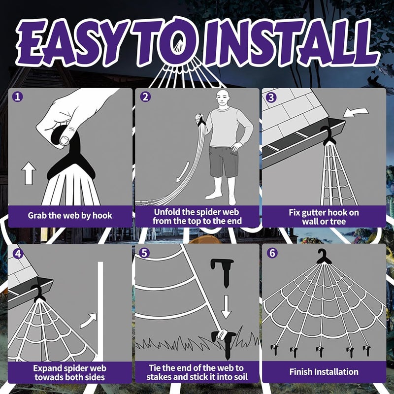 Seifar Halloween Spider Web Lights Giant Spider, 16.4Ft 450 LED Lighted Spider Web with with 8 Lighting Modes Waterproof & Timer for Indoor Outdoor House Haunted Yard Decor, Purple - Image 5
